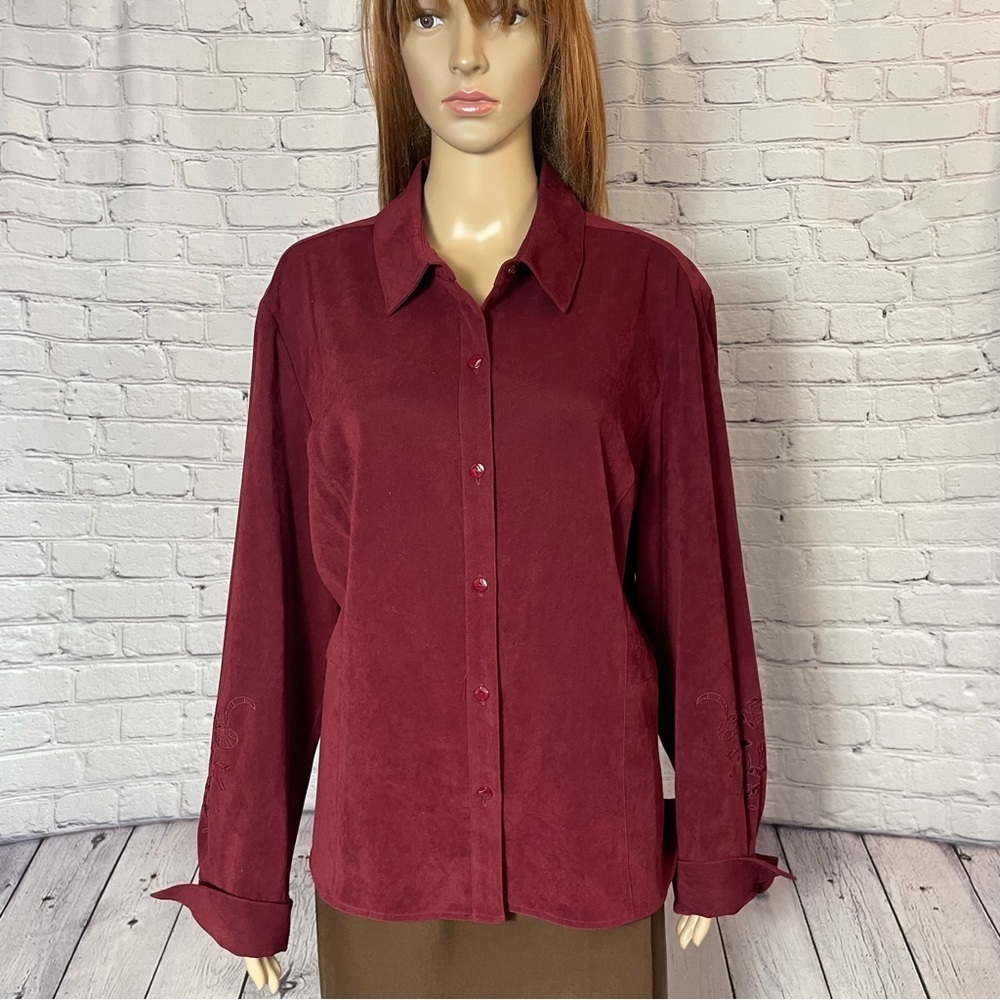 Norton McNaughton Bordo Wine Faux Suede Sleeve Embroidered Shirt Size 16